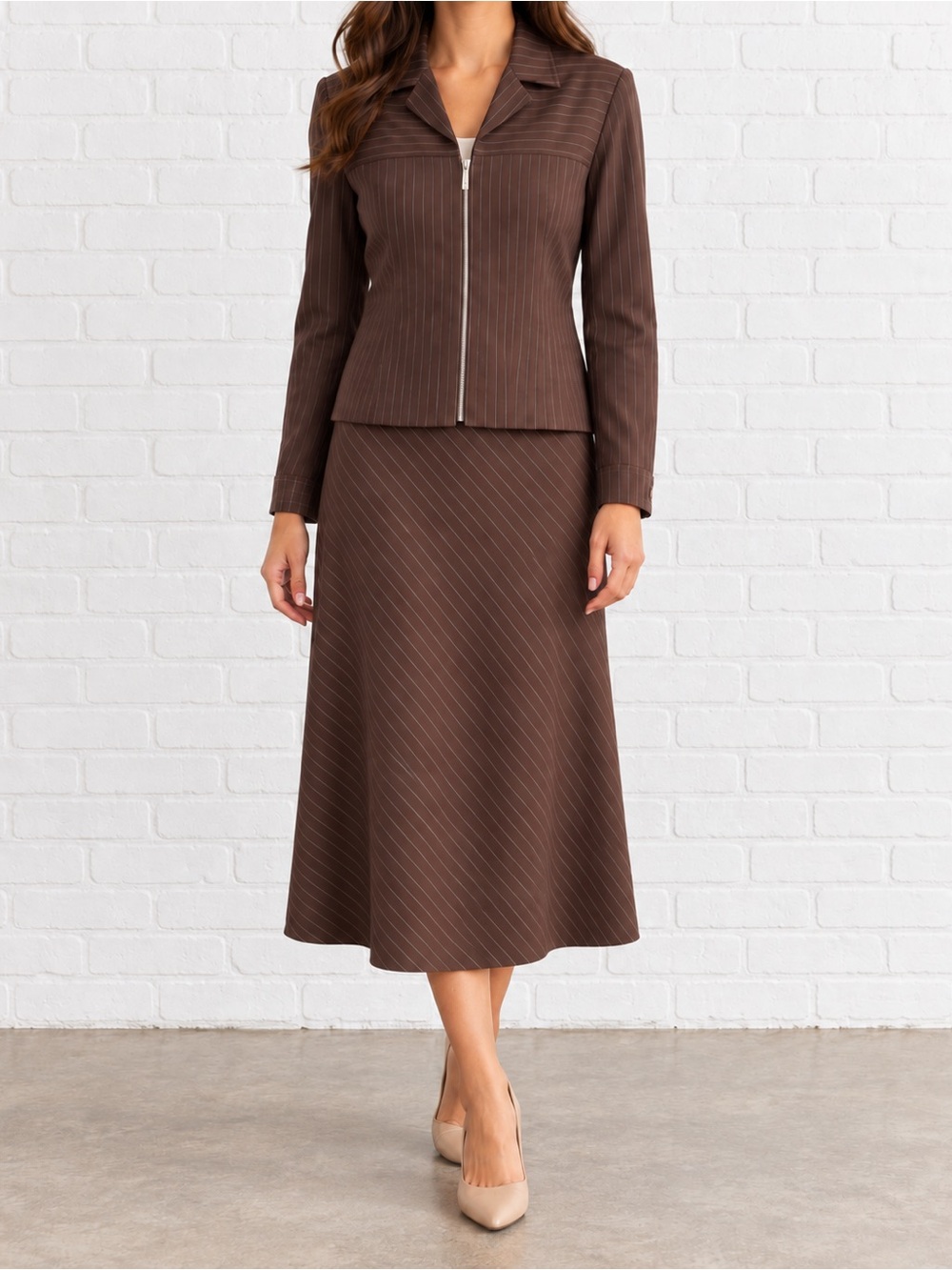 Vintage Y2K Russell Kemp Brown Pinstripe Skirt Suit Size 8 Office Siren